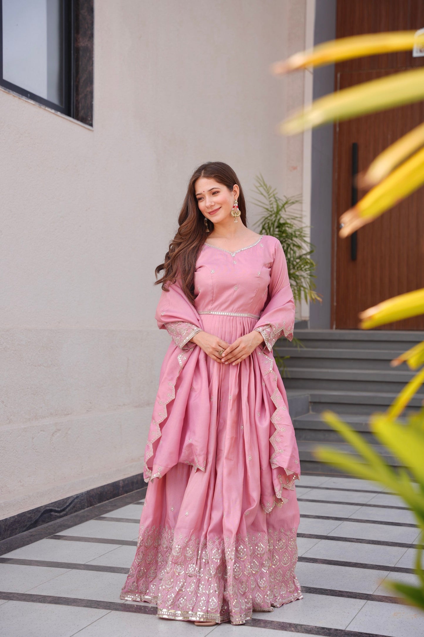 Lorenvalley Fashion Pink Shimmer Silk with Embroidery Sequins Work Anarkali Gown with Dupatta | Swadesiicart
