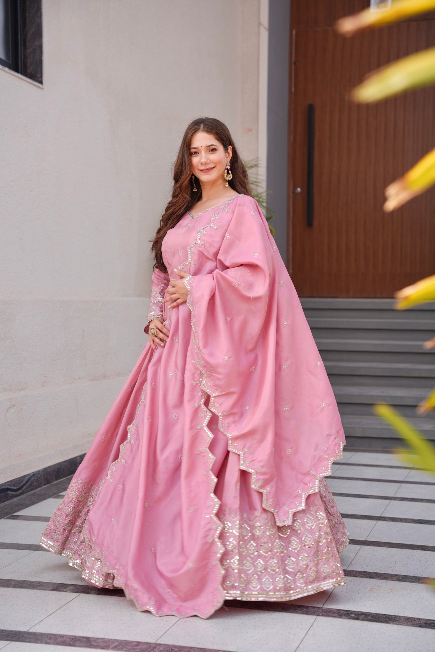 Lorenvalley Fashion Pink Shimmer Silk with Embroidery Sequins Work Anarkali Gown with Dupatta | Swadesiicart