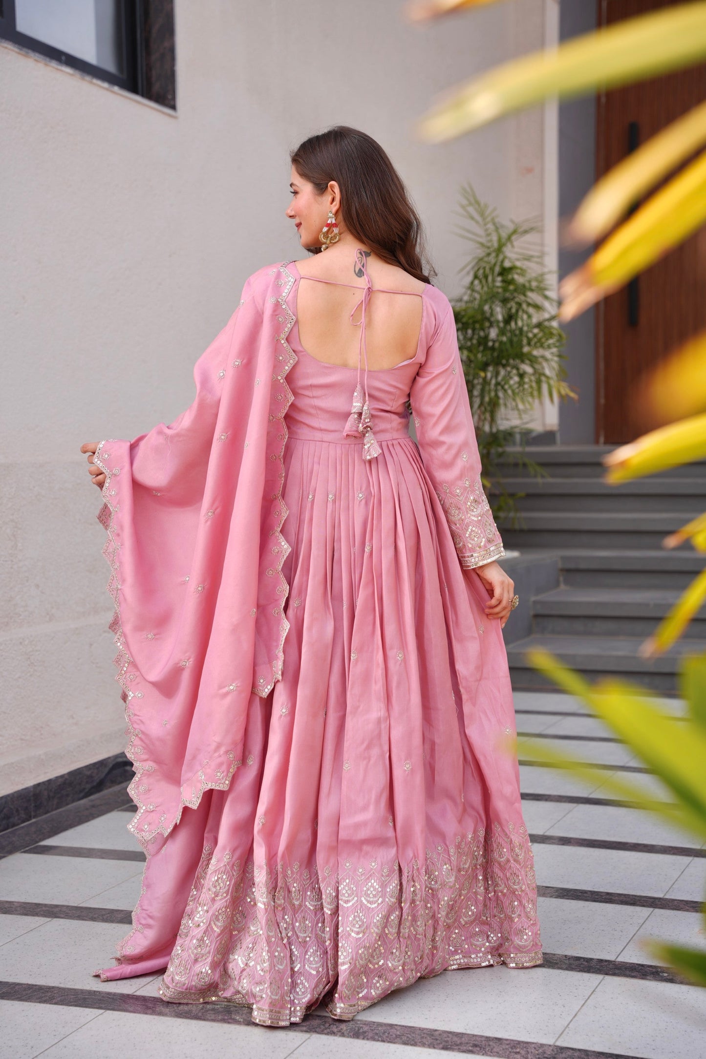 Lorenvalley Fashion Pink Shimmer Silk with Embroidery Sequins Work Anarkali Gown with Dupatta | Swadesiicart