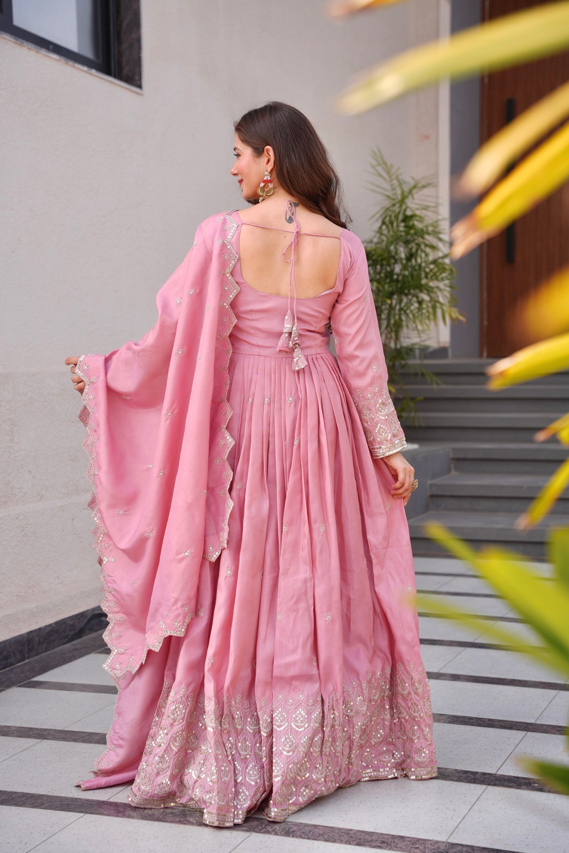 Lorenvalley Fashion Pink Shimmer Silk with Embroidery Sequins Work Anarkali Gown with Dupatta | Swadesiicart