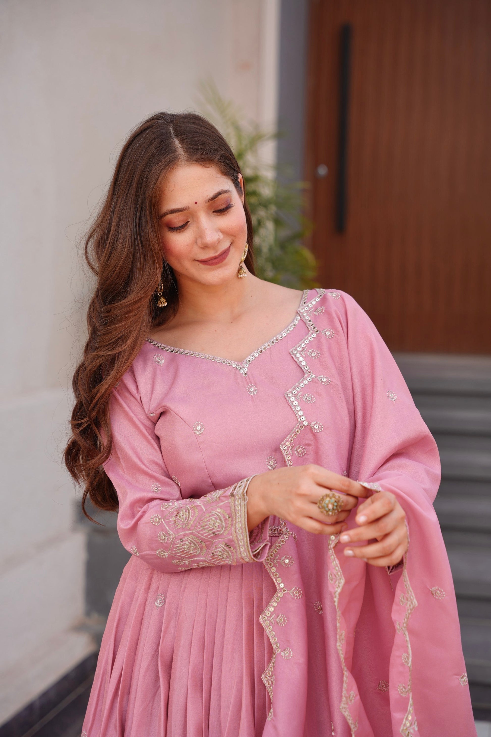 Lorenvalley Fashion Pink Shimmer Silk with Embroidery Sequins Work Anarkali Gown with Dupatta | Swadesiicart