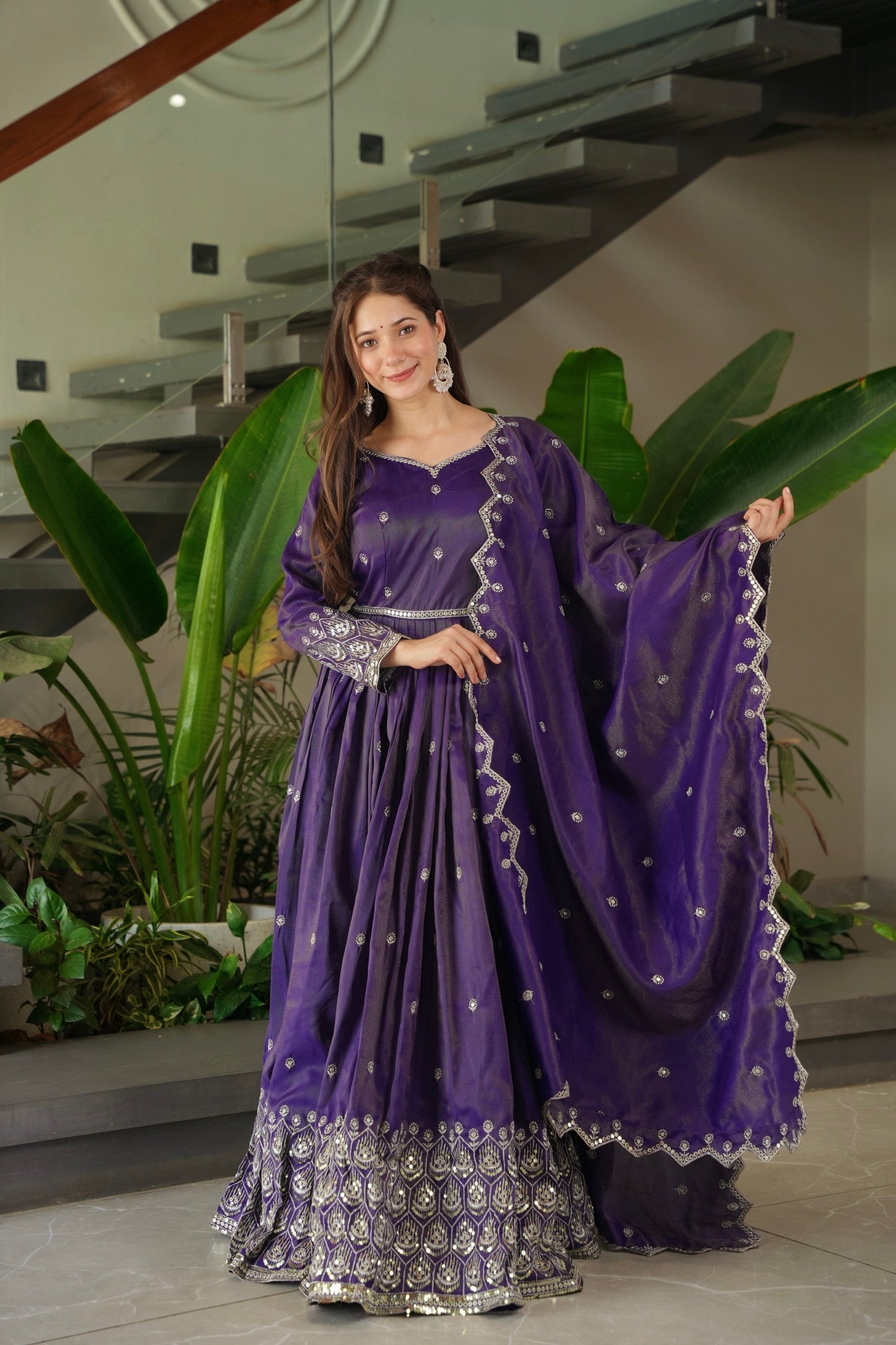 Lorenvalley Fashion Purple Shimmer Silk with Embroidery Sequins Work Anarkali Gown with Dupatta | Swadesiicart