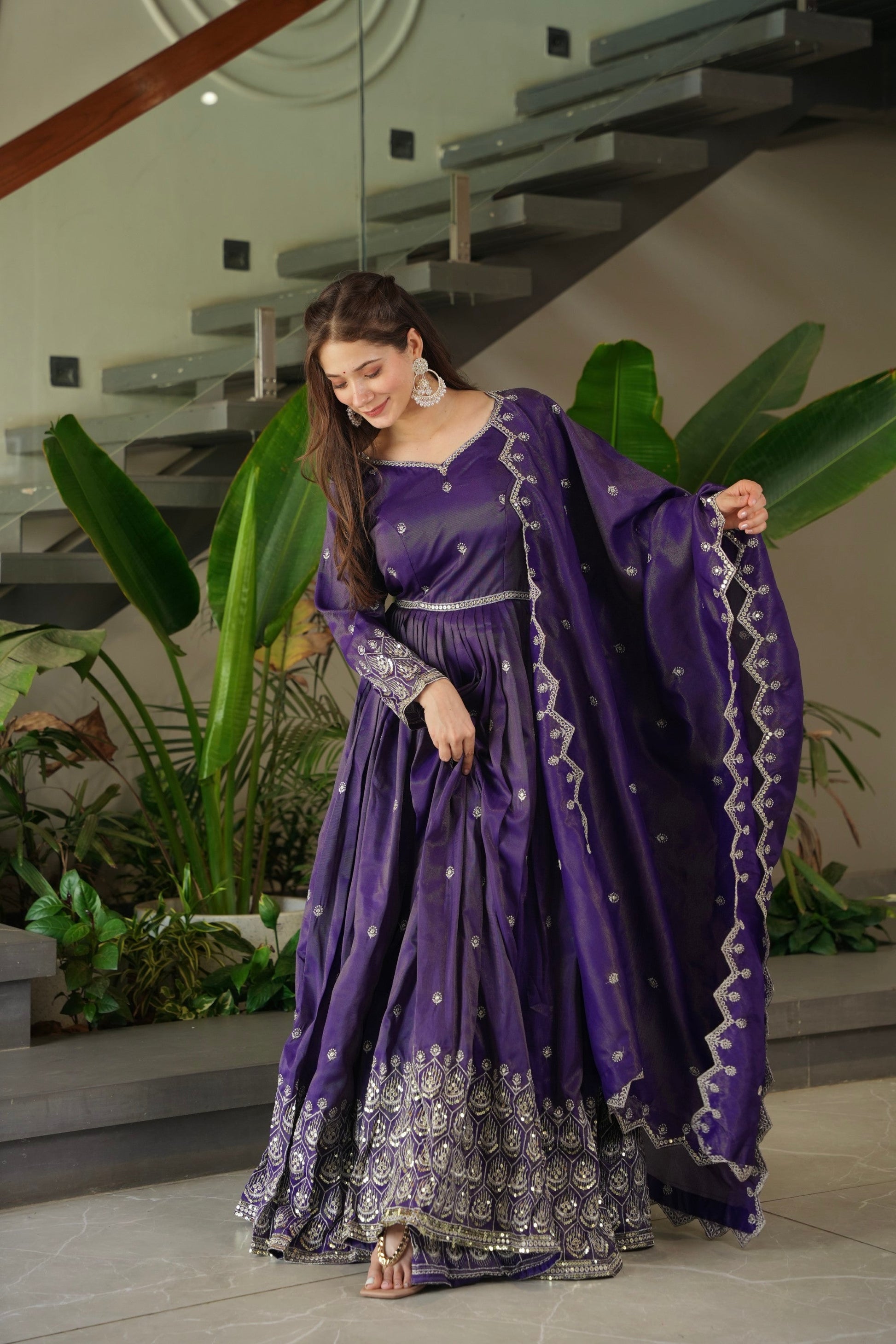 Lorenvalley Fashion Purple Shimmer Silk with Embroidery Sequins Work Anarkali Gown with Dupatta | Swadesiicart