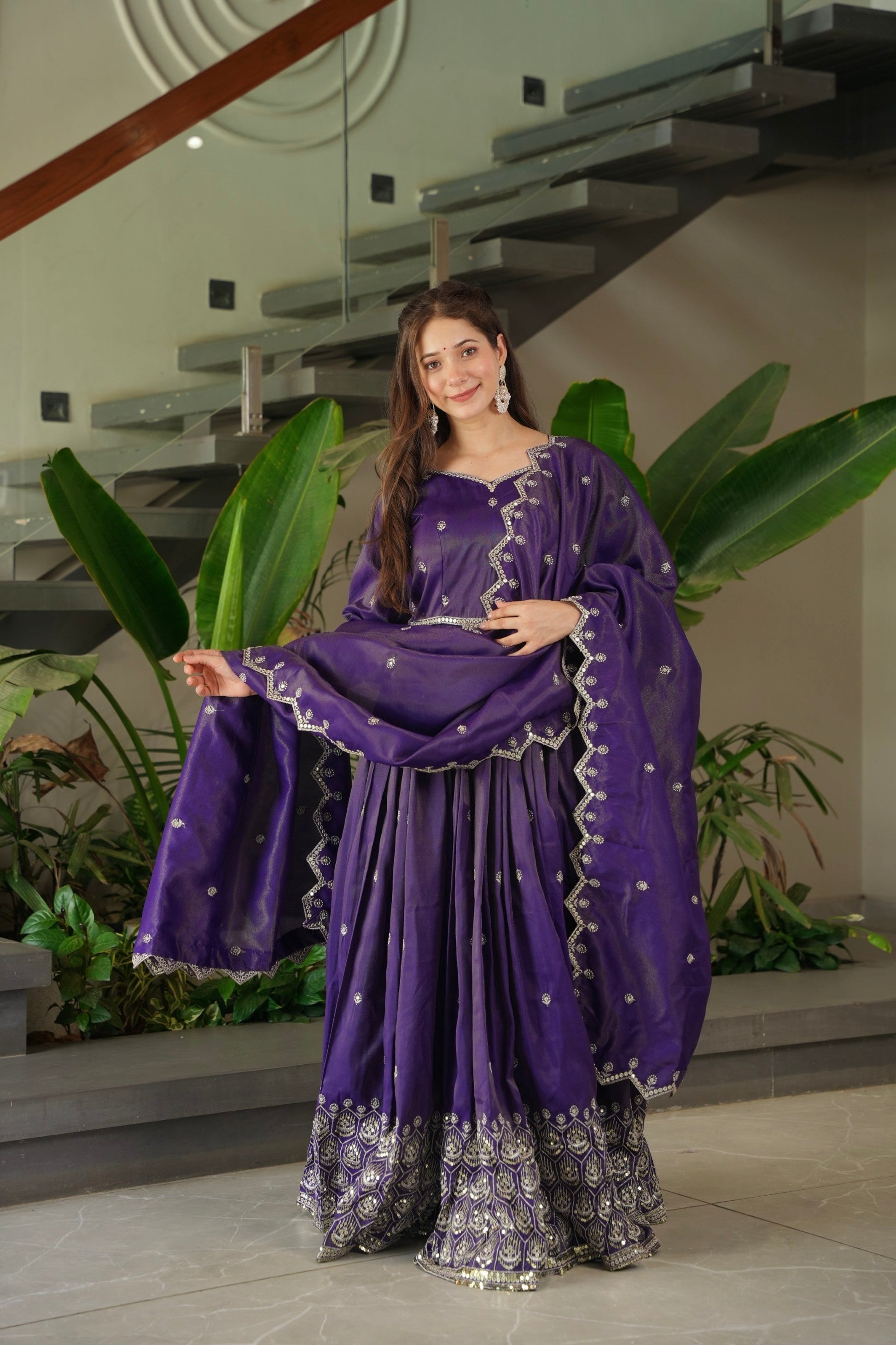 Lorenvalley Fashion Purple Shimmer Silk with Embroidery Sequins Work Anarkali Gown with Dupatta | Swadesiicart