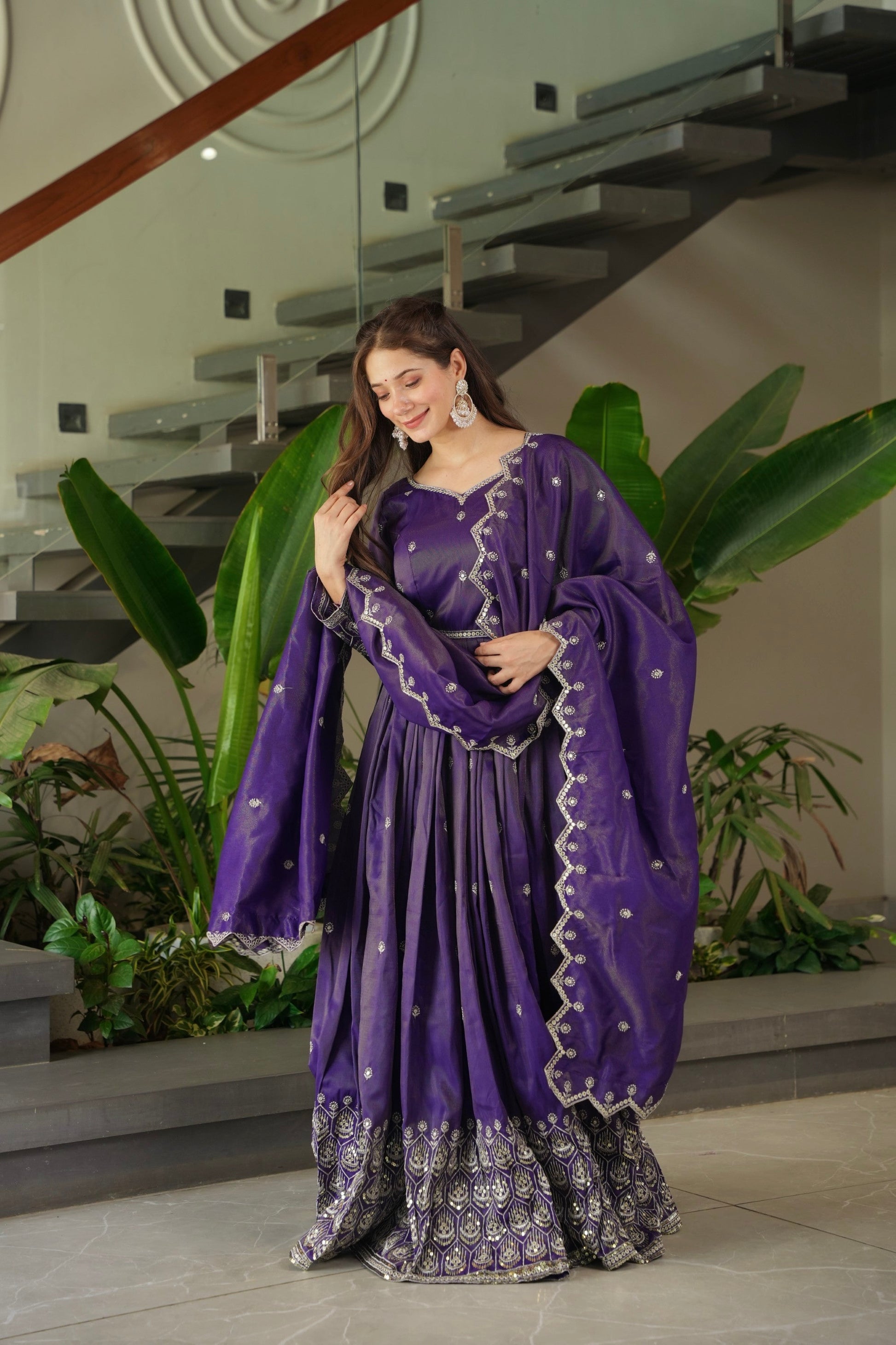 Lorenvalley Fashion Purple Shimmer Silk with Embroidery Sequins Work Anarkali Gown with Dupatta | Swadesiicart