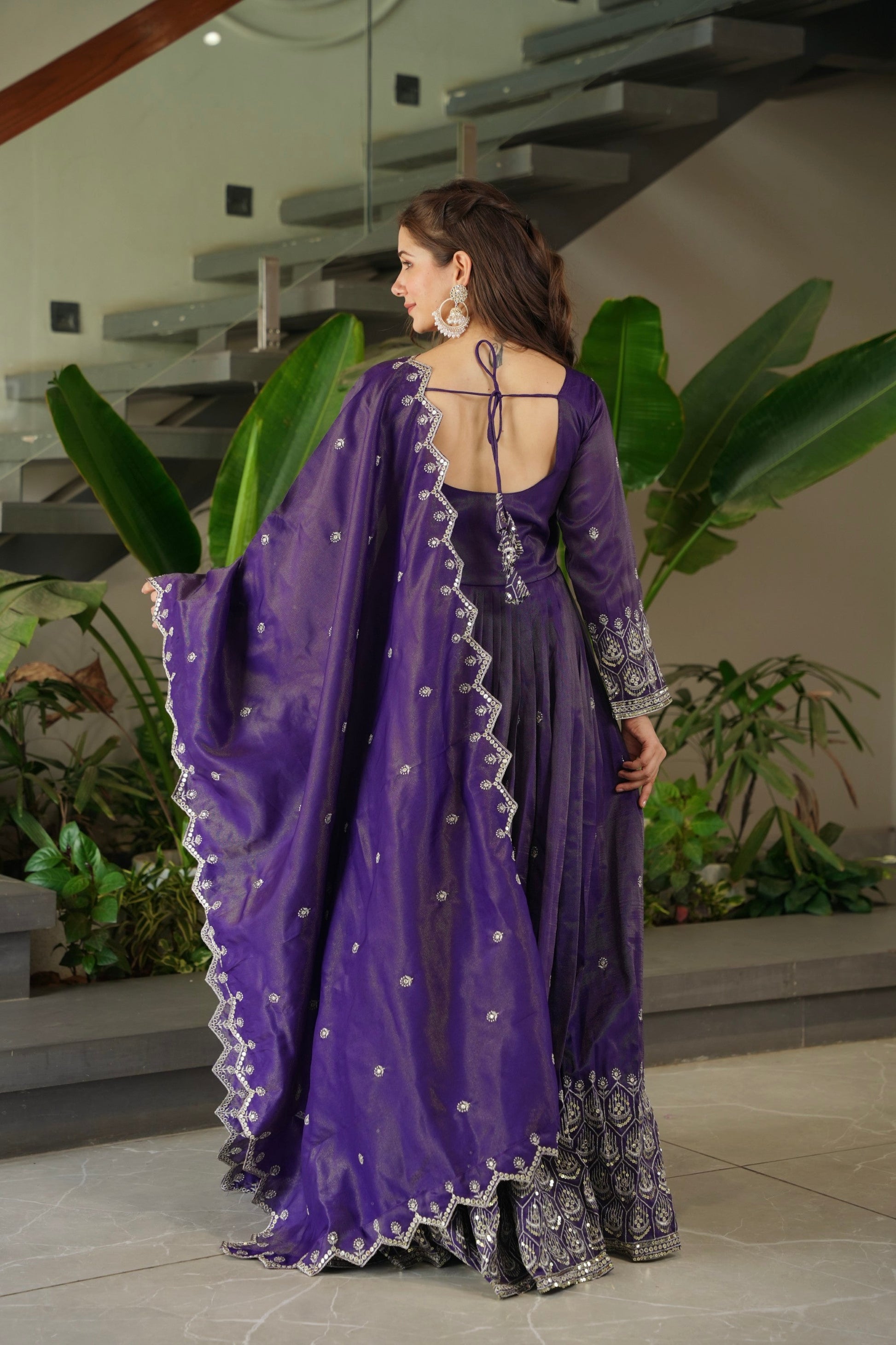 Lorenvalley Fashion Purple Shimmer Silk with Embroidery Sequins Work Anarkali Gown with Dupatta | Swadesiicart