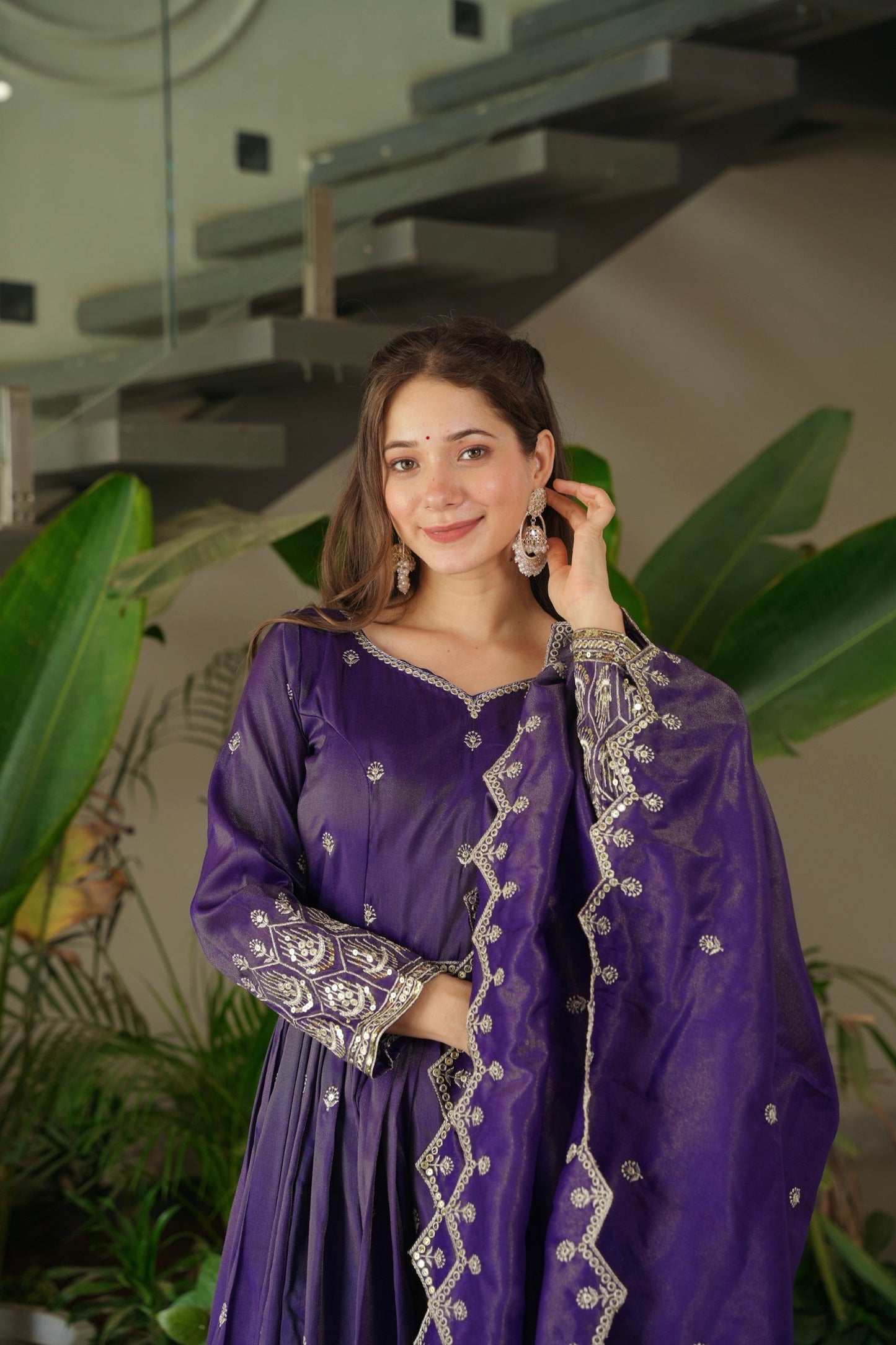 Lorenvalley Fashion Purple Shimmer Silk with Embroidery Sequins Work Anarkali Gown with Dupatta | Swadesiicart