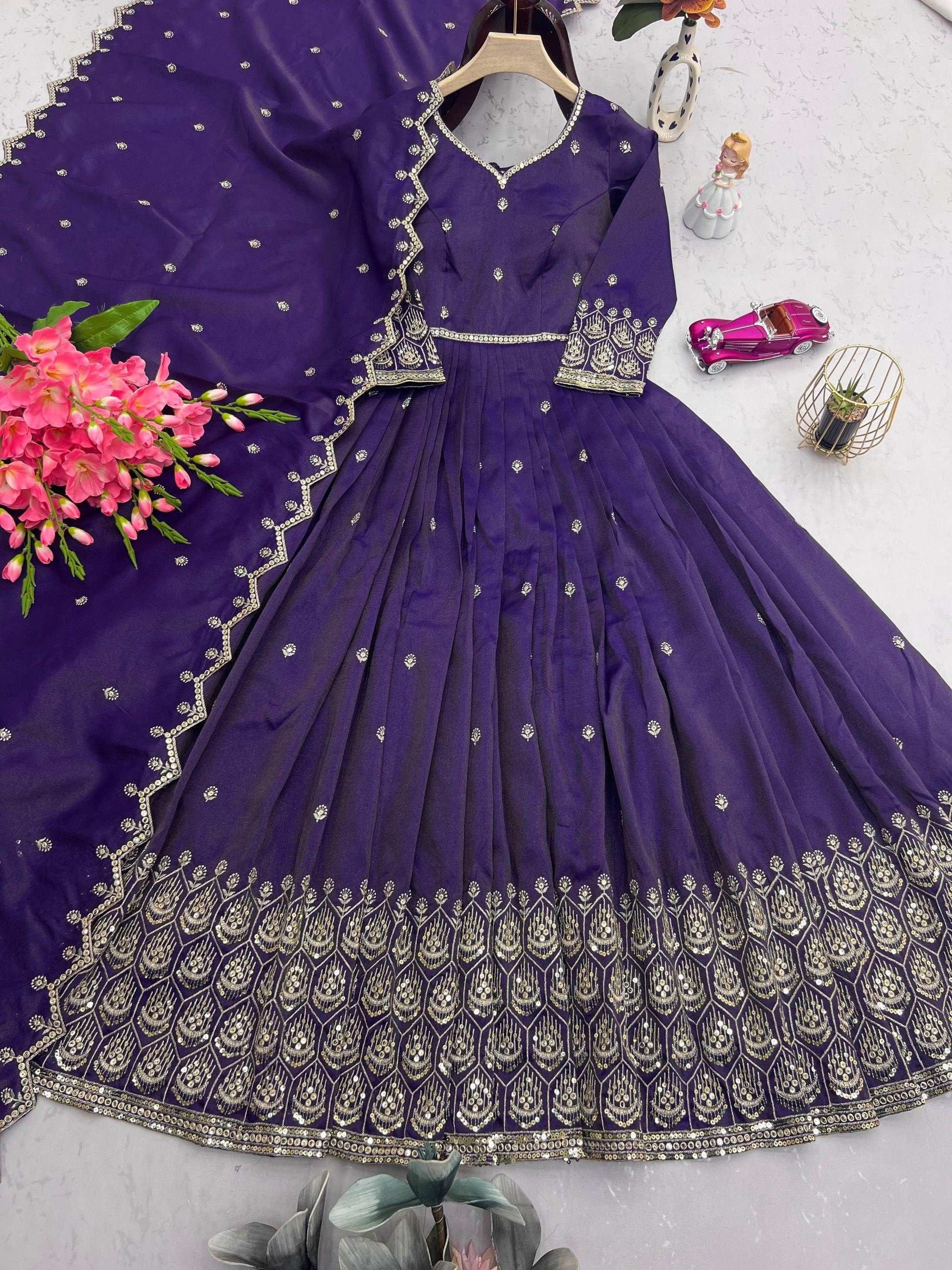 Lorenvalley Fashion Purple Shimmer Silk with Embroidery Sequins Work Anarkali Gown with Dupatta | Swadesiicart