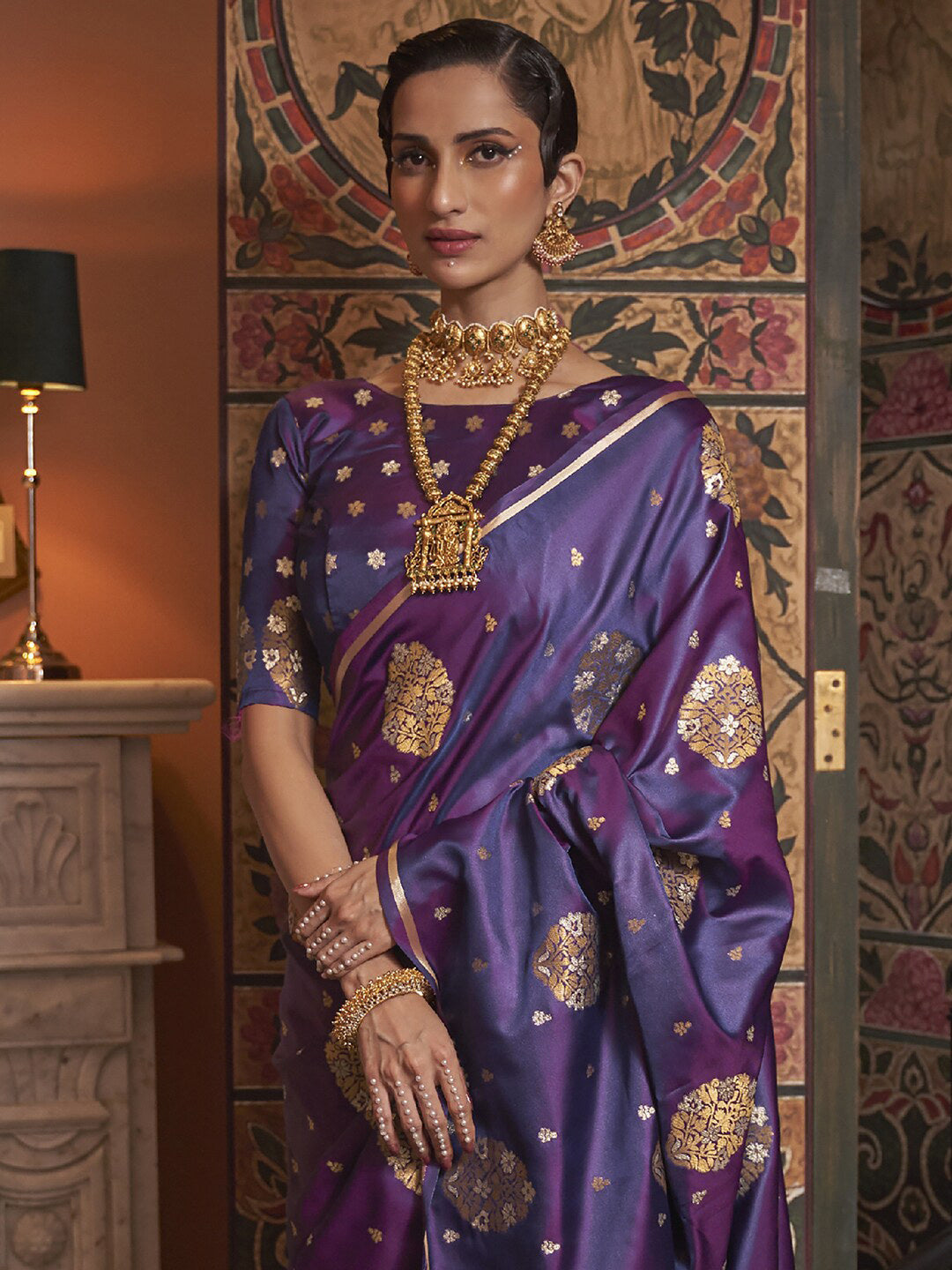 Mitera Purple & Brown Floral Zari Silk Blend Banarasi Saree | Swadesiicart