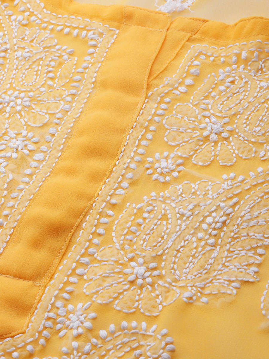 ADA Women Mustard & White Chikankari Embroidered Sustainable Kurta with Trousers & Inner | Swadesiicart