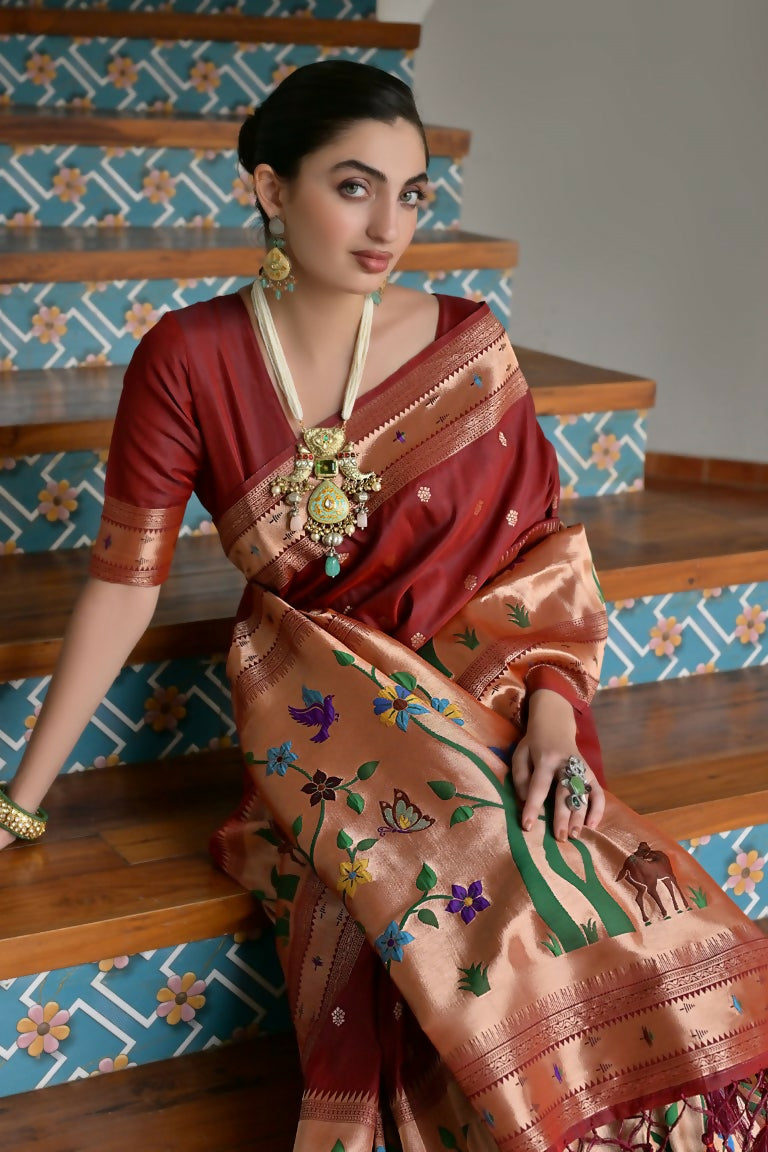 Vishnu Weaves Women's Maroon Paithani Silk Zari Woven Saree with Blouse - Swadesiicart