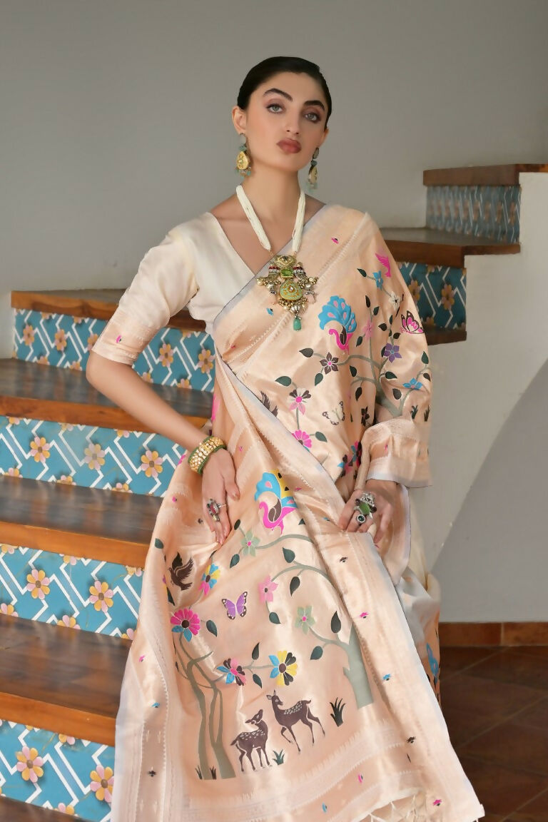 Vishnu Weaves Women's Cream Paithani Silk Zari Woven Saree with Blouse - Swadesiicart