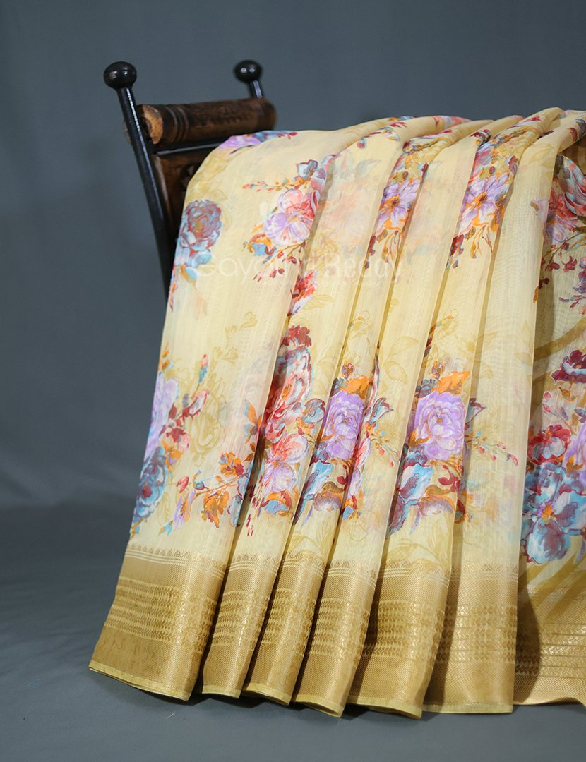 Shades of Light Khaki With Floral Print Semi Chanderi Saree By Gayathri Reddy Designer Studio | Swadesiicart