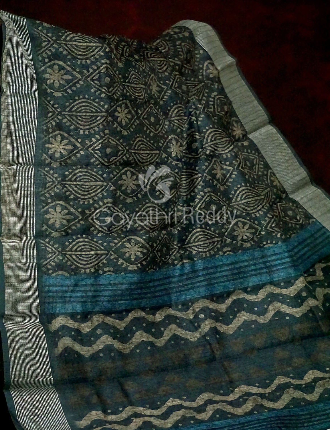 Bottle Green Printed Design Semi Chanderi Saree By Gayathri Reddy Designer Studio | Swadesiicart