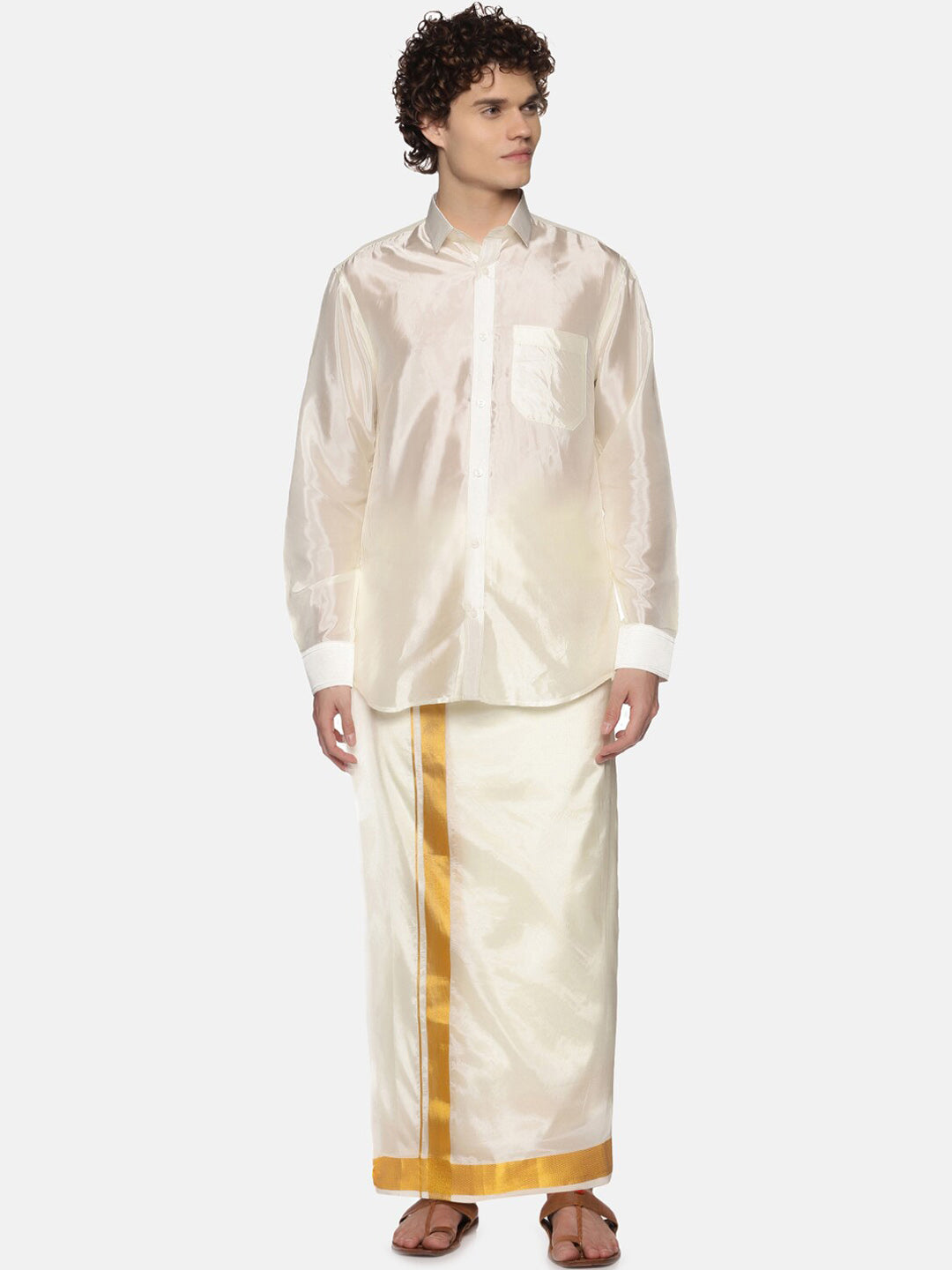 Sethukrishna Men Cream-Colored & Golden Solid Veshti | Swadesiicart