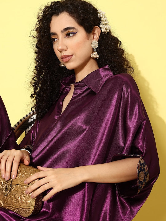 InWeave Women's Wine Navy Brocade Satin Boho Kurta Palazzo Set - Swadesiicart