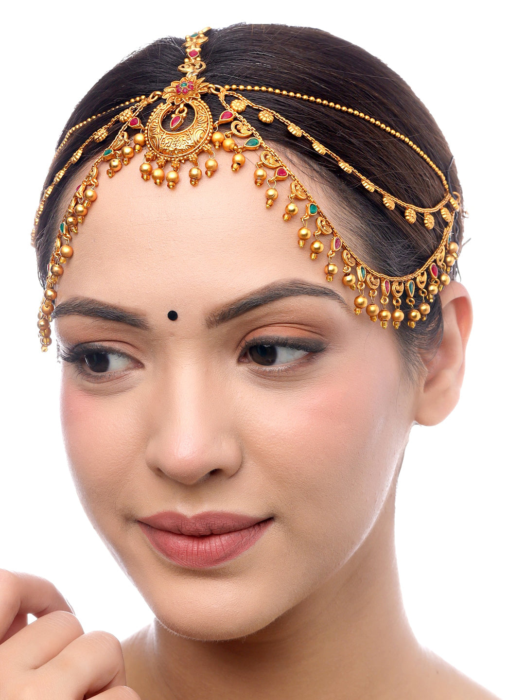 Yellow Chimes Gold-Polished Red & Green Stone-Studded Layered Bridal Maatha Patti | Swadesiicart