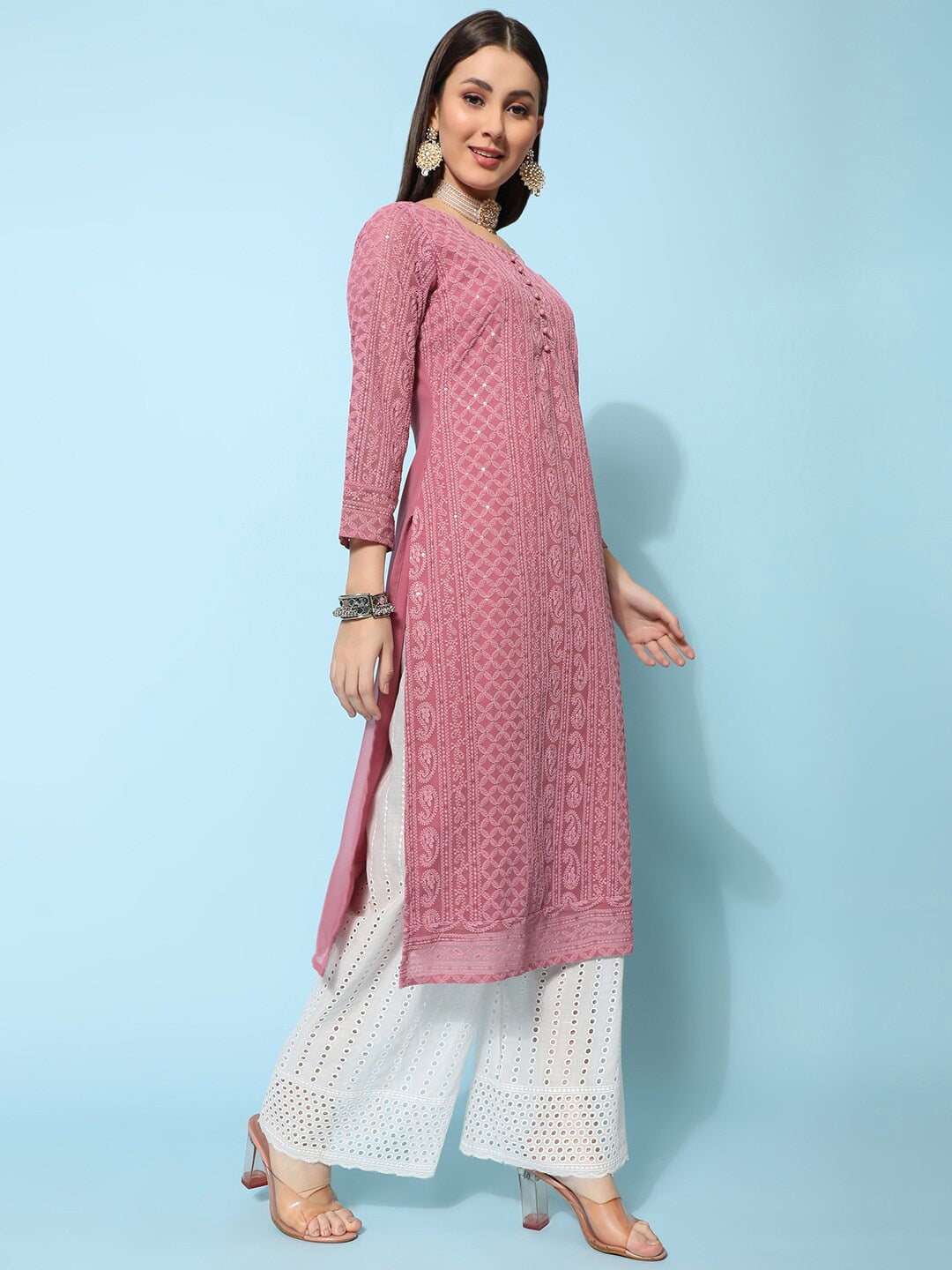 Kalini Ethnic Motifs Embroidered Chikankari Georgette Kurta | Swadesiicart