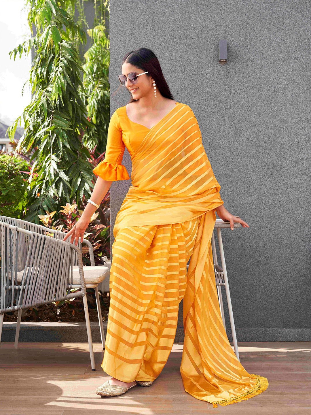 Tikhi Imli Striped Georgette Ready to Wear Saree | Swadesiicart
