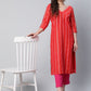 Ahalyaa Women Red Striped Kurta with Trousers | Swadesiicart