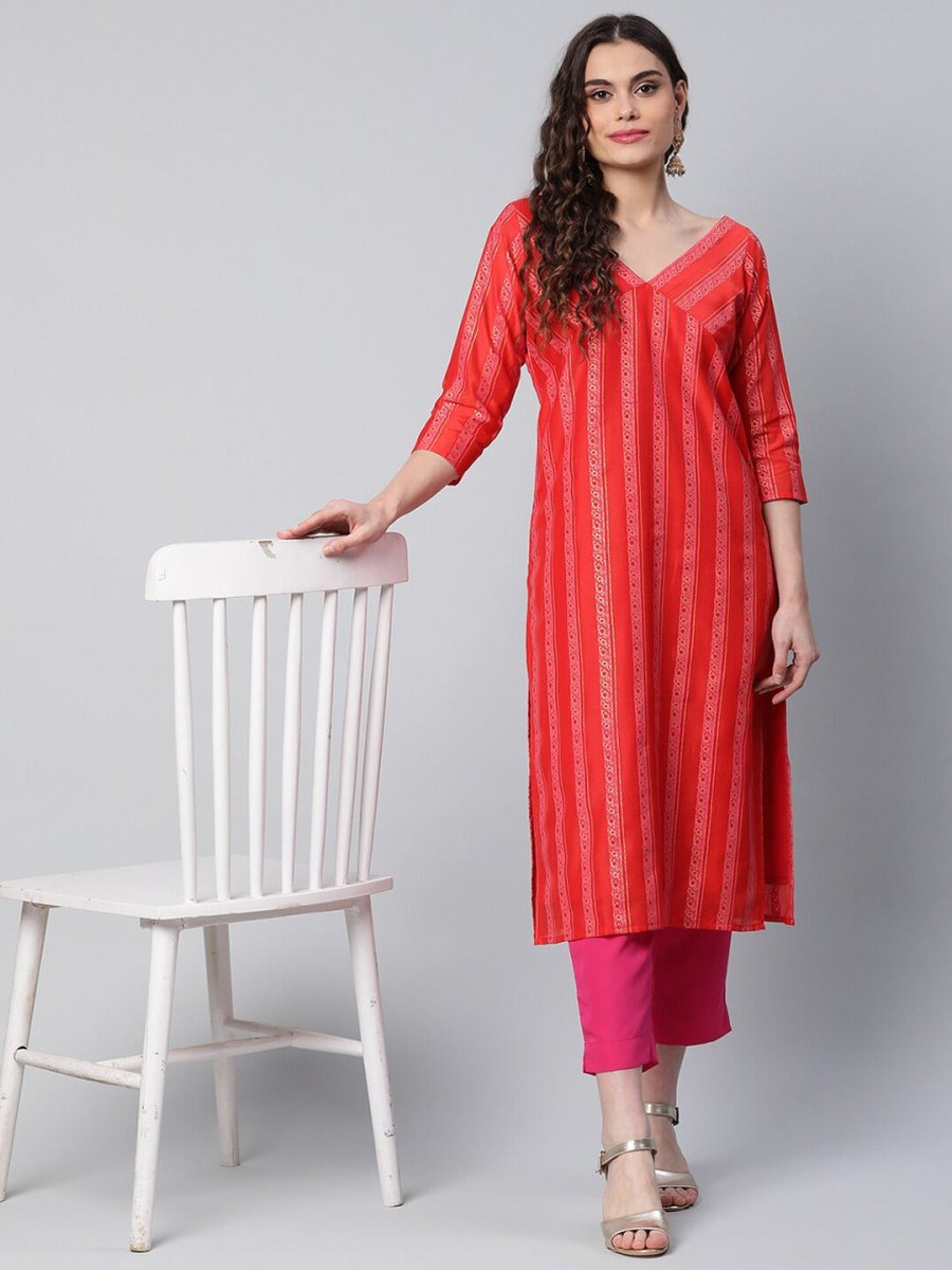 Ahalyaa Women Red Striped Kurta with Trousers | Swadesiicart