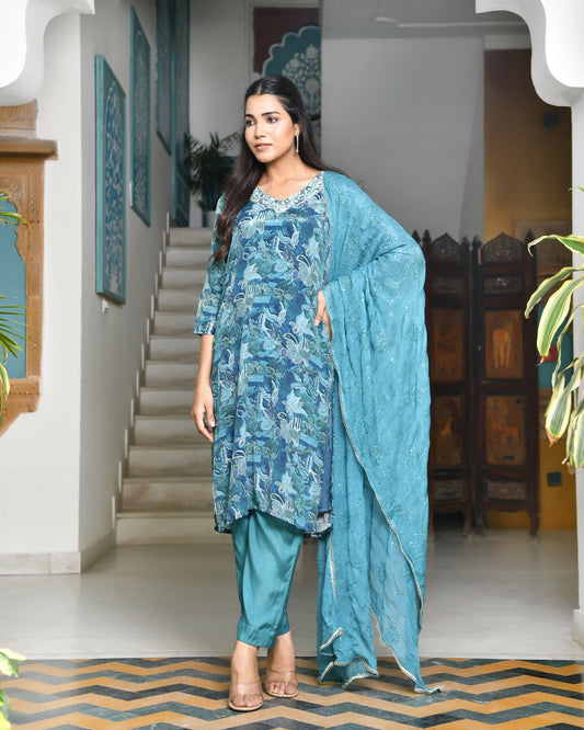 Vaasva Women's Teal Crepe Embroidered Suit Set | Swadesiicart