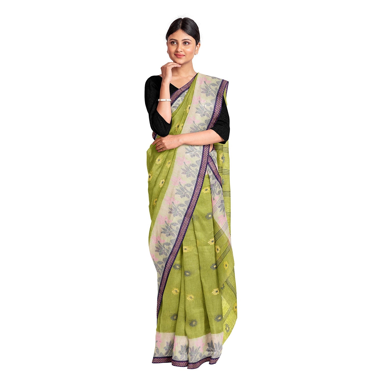 Exclusive Collection 100% Pure Cotton Light Green Tant Saree With Hand Weaving Work - Swadesiicart