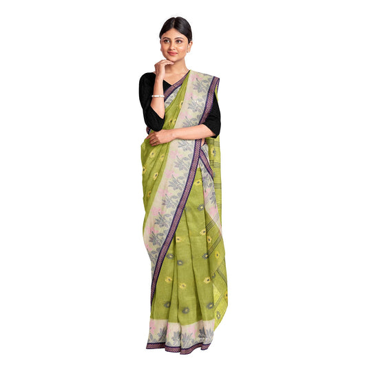 Exclusive Collection 100% Pure Cotton Light Green Tant Saree With Hand Weaving Work - Swadesiicart