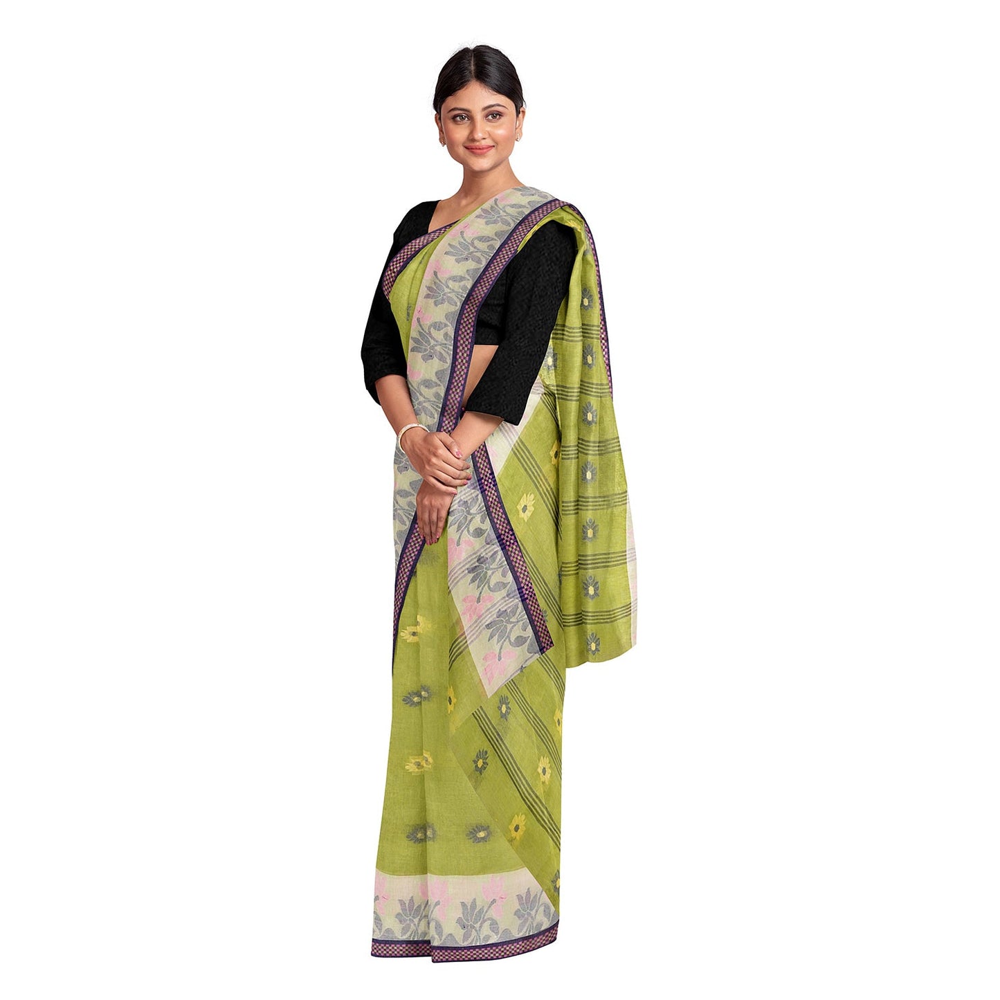 Exclusive Collection 100% Pure Cotton Light Green Tant Saree With Hand Weaving Work - Swadesiicart