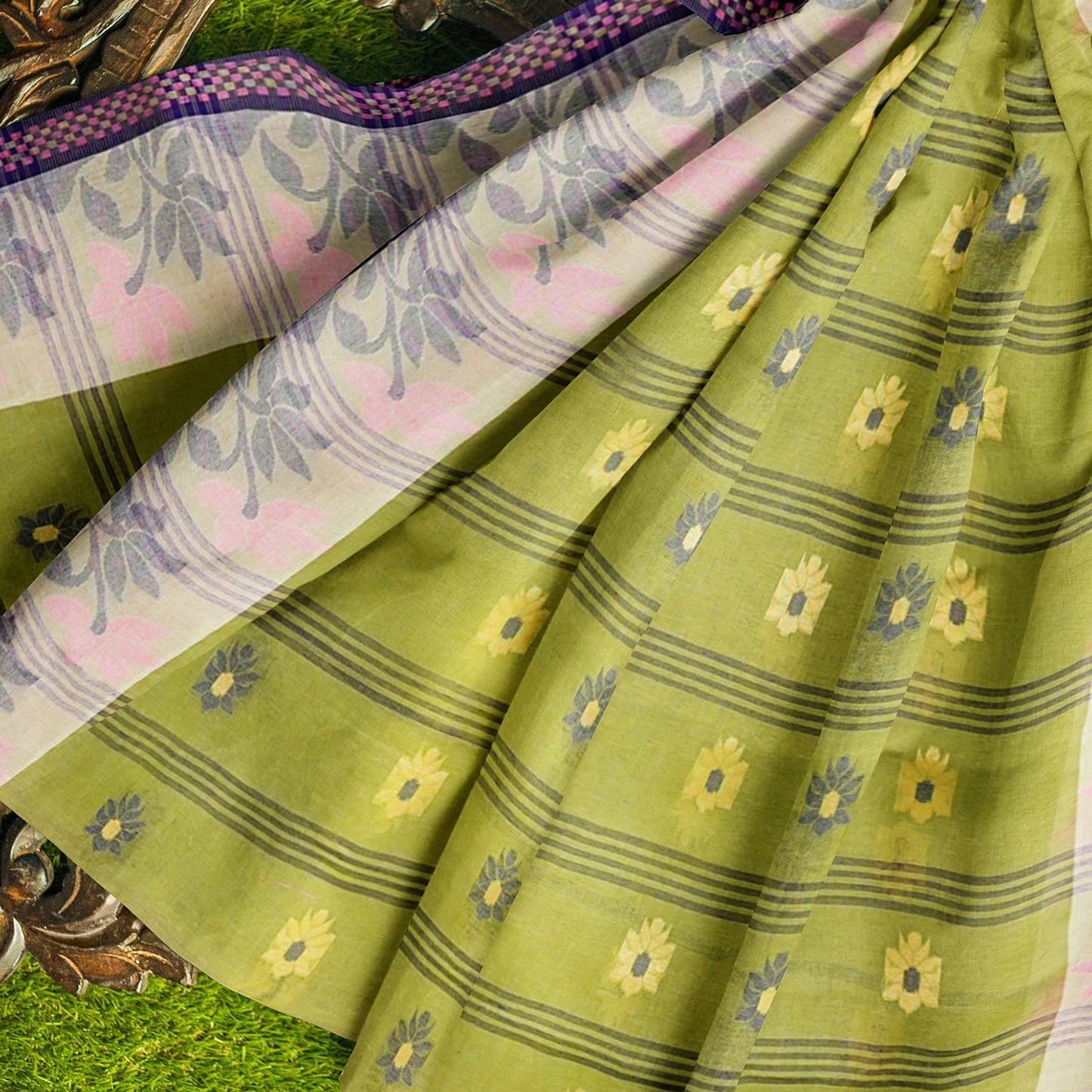 Exclusive Collection 100% Pure Cotton Light Green Tant Saree With Hand Weaving Work - Swadesiicart