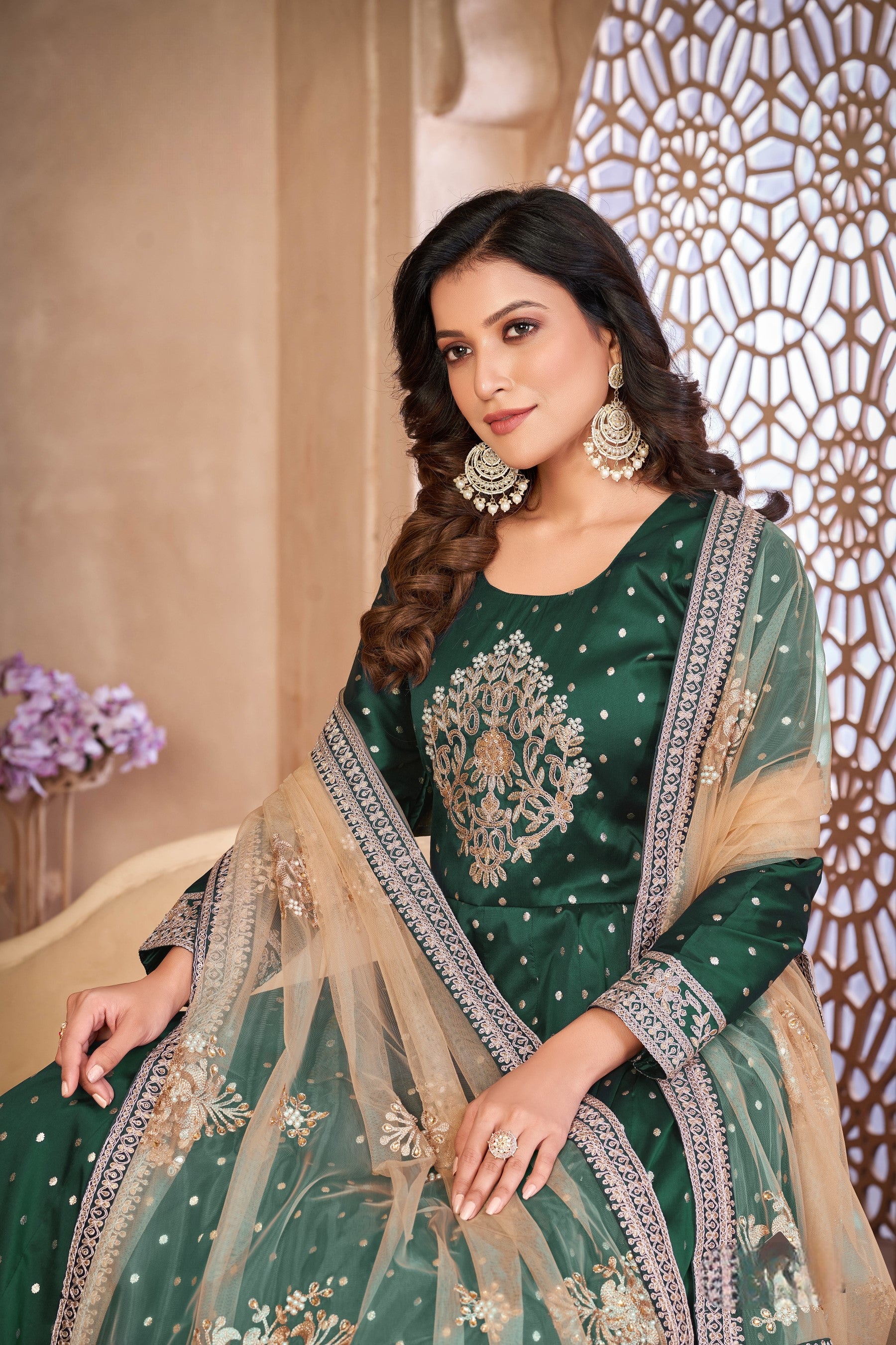 Anaita Green Embroidered Tapeta Silk Anarkali Suit