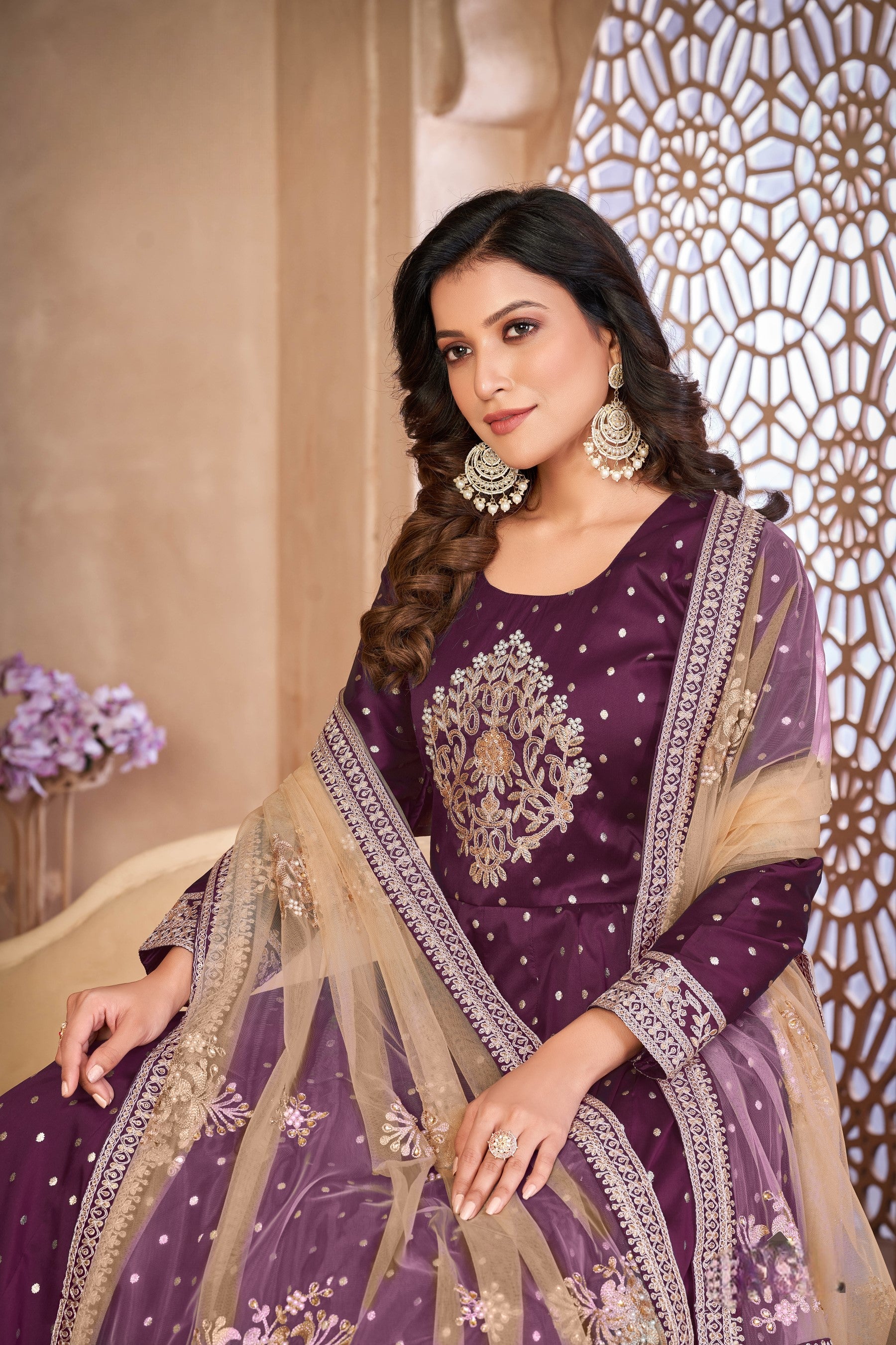 Anaita Purple Embroidered Tapeta Silk Anarkali Suit