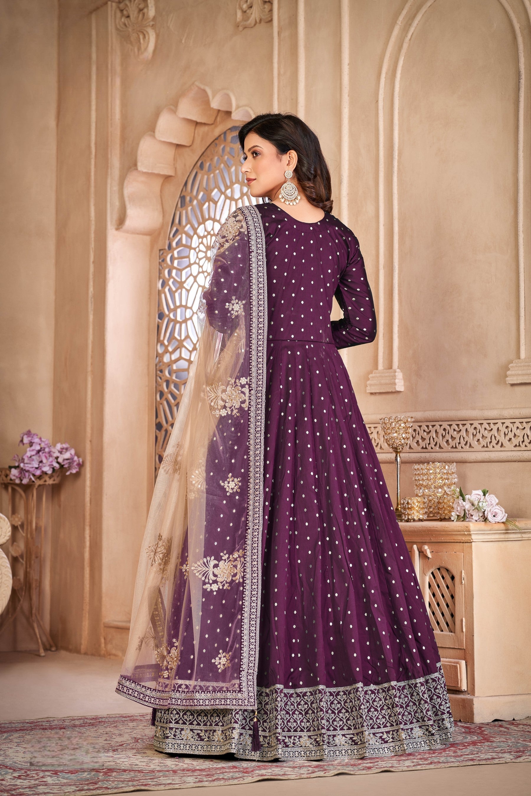 Anaita Purple Embroidered Tapeta Silk Anarkali Suit