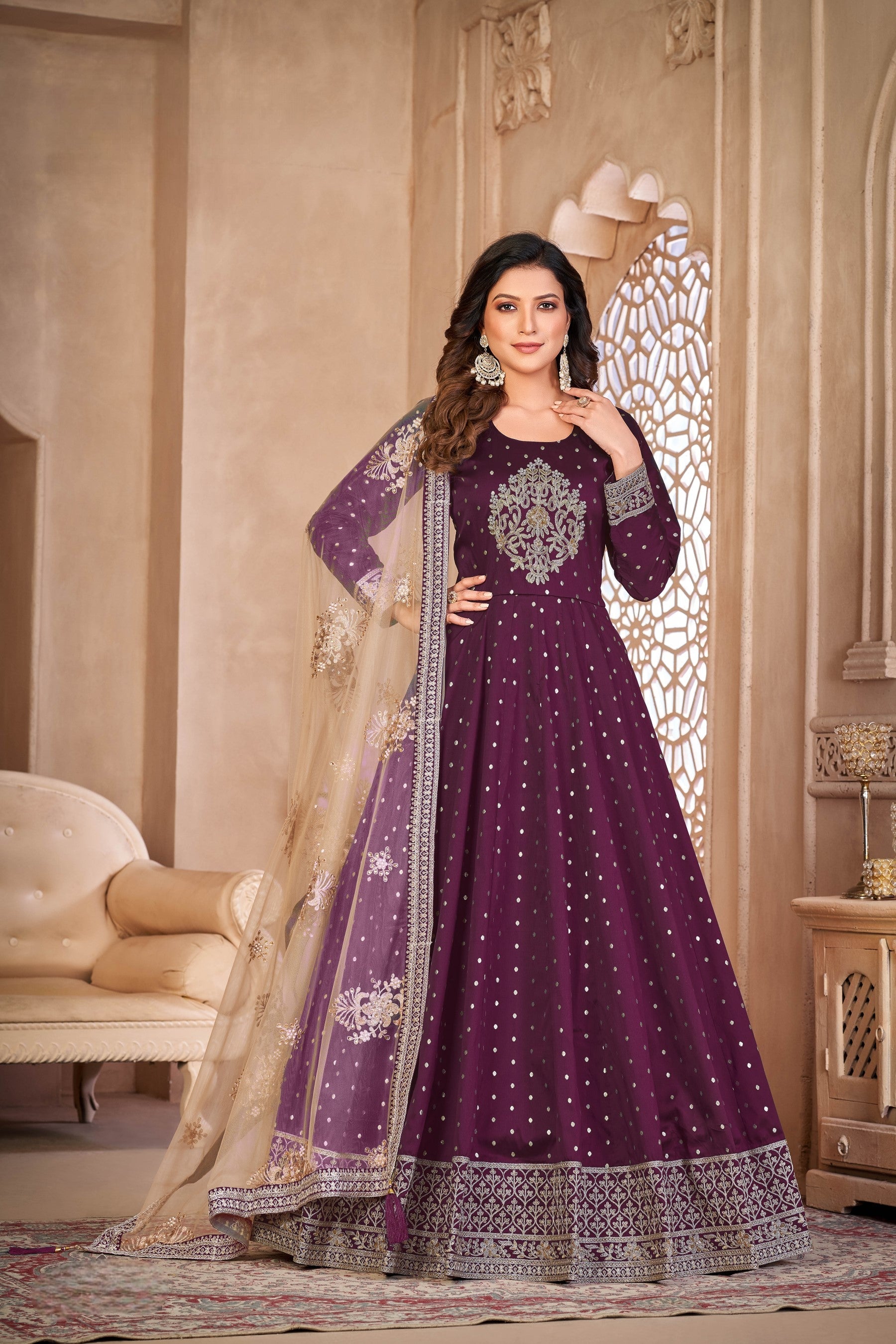 Anaita Purple Embroidered Tapeta Silk Anarkali Suit