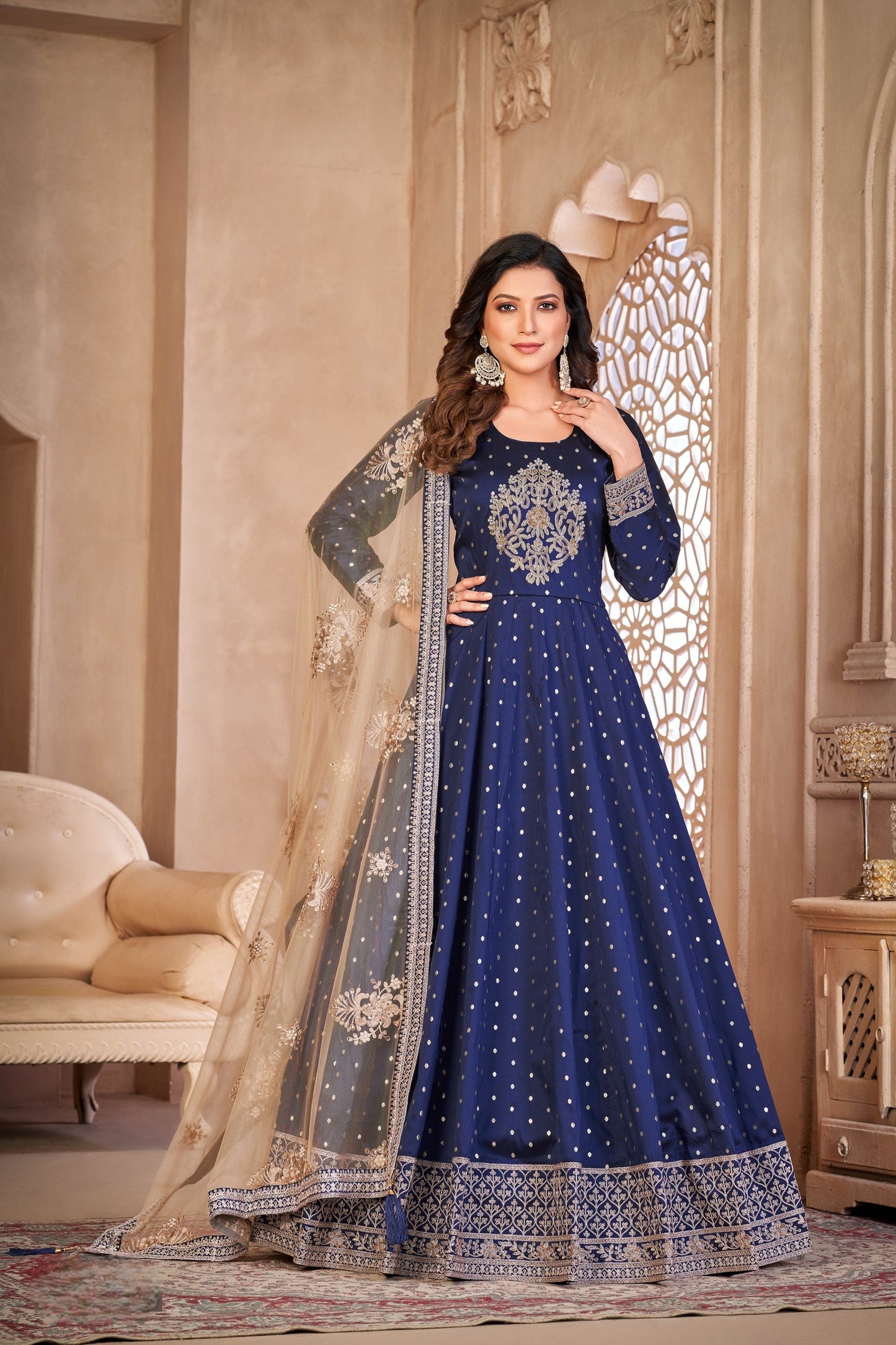 Anaita Navy Blue Embroidered Tapeta Silk Anarkali Suit