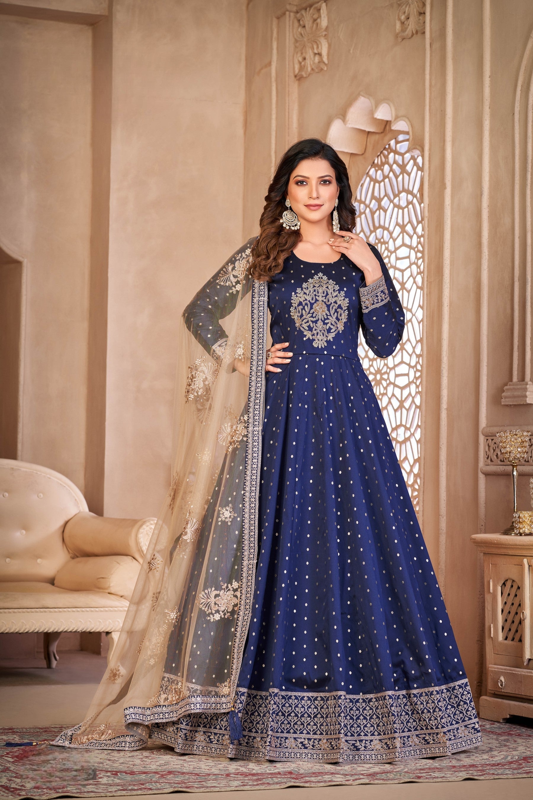 Anaita Navy Blue Embroidered Tapeta Silk Anarkali Suit