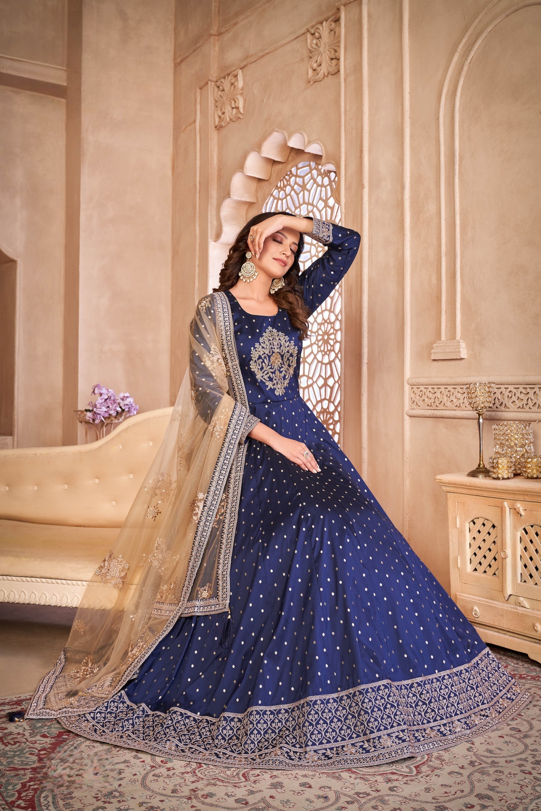 Anaita Navy Blue Embroidered Tapeta Silk Anarkali Suit