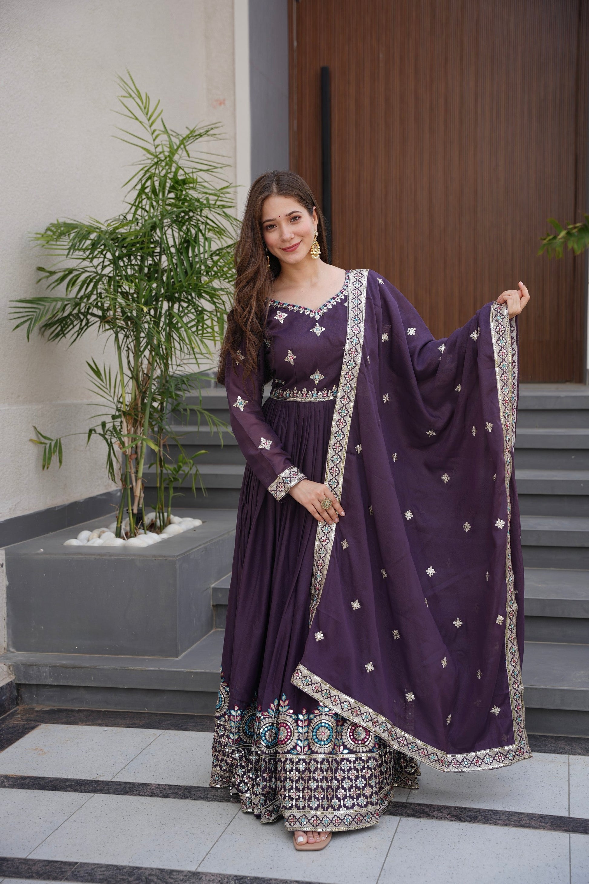 Lorenvalley Fashion Wine Diamond Silk with Embroidery Threads & Sequins Work Anarkali Gown with Dupatta | Swadesiicart