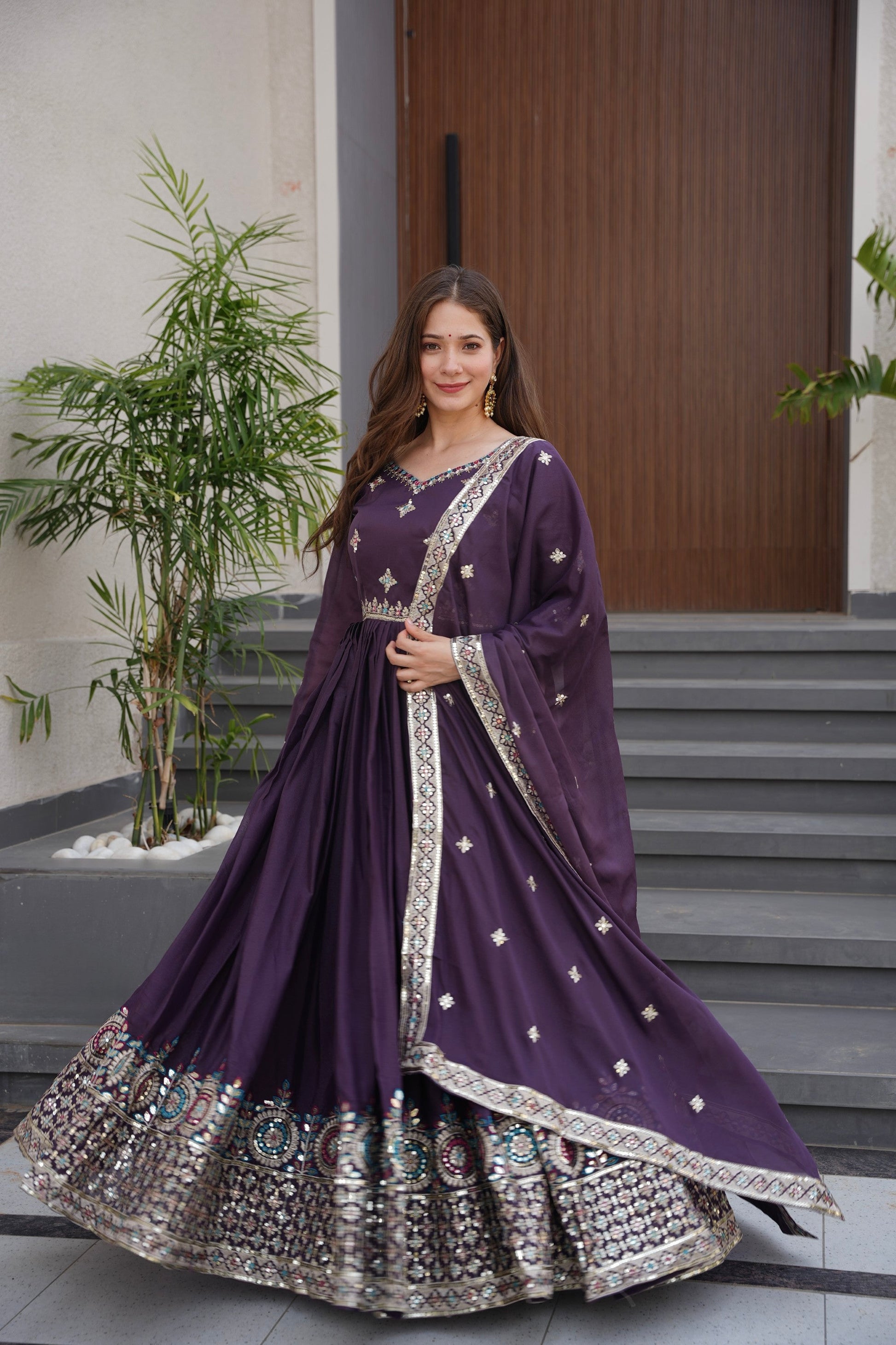 Lorenvalley Fashion Wine Diamond Silk with Embroidery Threads & Sequins Work Anarkali Gown with Dupatta | Swadesiicart