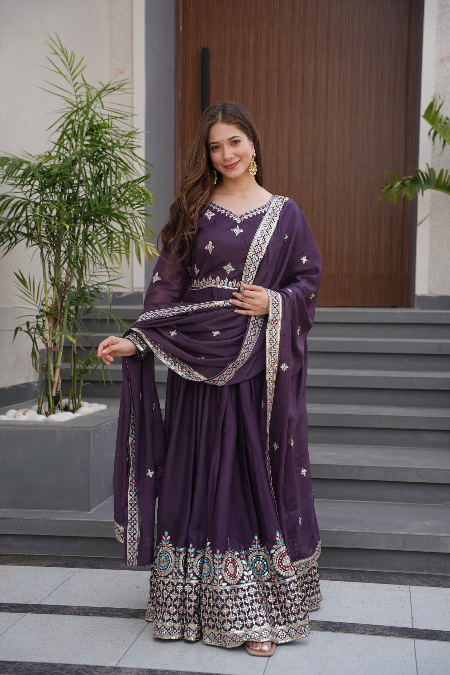 Lorenvalley Fashion Wine Diamond Silk with Embroidery Threads & Sequins Work Anarkali Gown with Dupatta | Swadesiicart