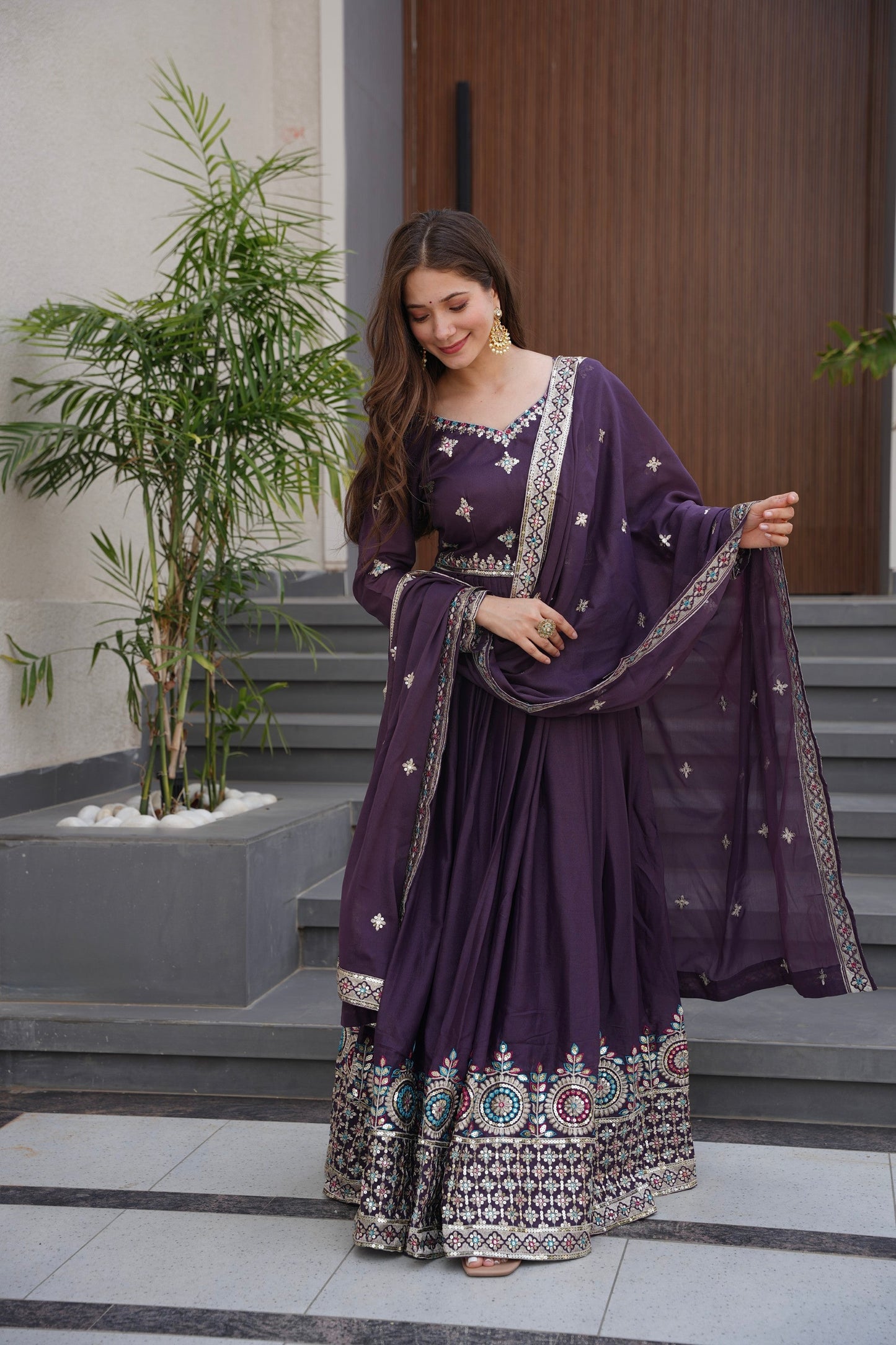 Lorenvalley Fashion Wine Diamond Silk with Embroidery Threads & Sequins Work Anarkali Gown with Dupatta | Swadesiicart