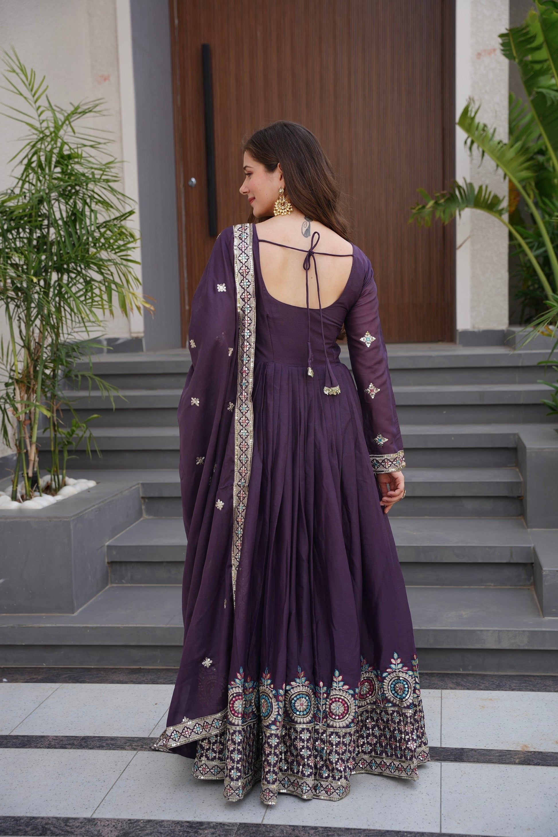 Lorenvalley Fashion Wine Diamond Silk with Embroidery Threads & Sequins Work Anarkali Gown with Dupatta | Swadesiicart