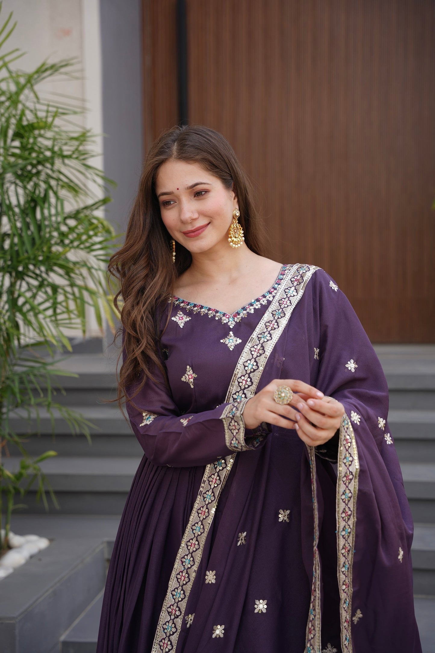Lorenvalley Fashion Wine Diamond Silk with Embroidery Threads & Sequins Work Anarkali Gown with Dupatta | Swadesiicart