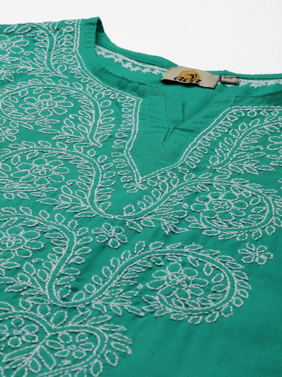 ADA Women Green & White Ethnic Motifs Hand Embroidered Chikankari Handloom Kurta | Swadesiicart