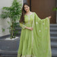 Lorenvalley Fashion Parrot Green Crunchy Silk with Embroidery Codding & Sequins Work Anarkali Gown with Dupatta | Swadesiicart
