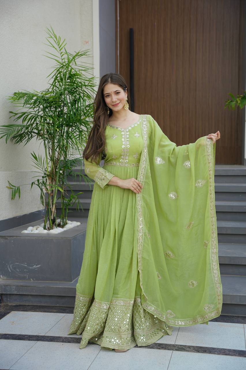 Lorenvalley Fashion Parrot Green Crunchy Silk with Embroidery Codding & Sequins Work Anarkali Gown with Dupatta | Swadesiicart