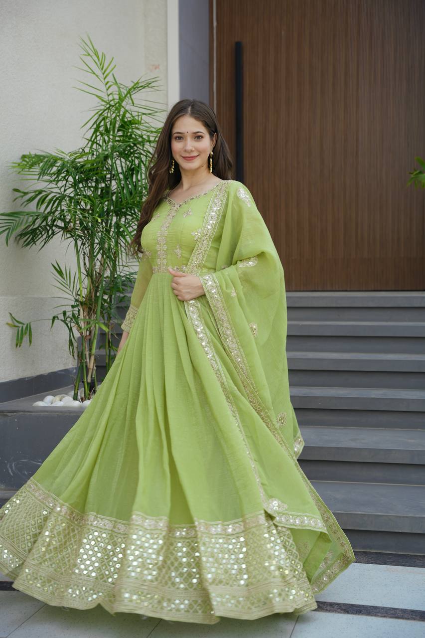 Lorenvalley Fashion Parrot Green Crunchy Silk with Embroidery Codding & Sequins Work Anarkali Gown with Dupatta | Swadesiicart