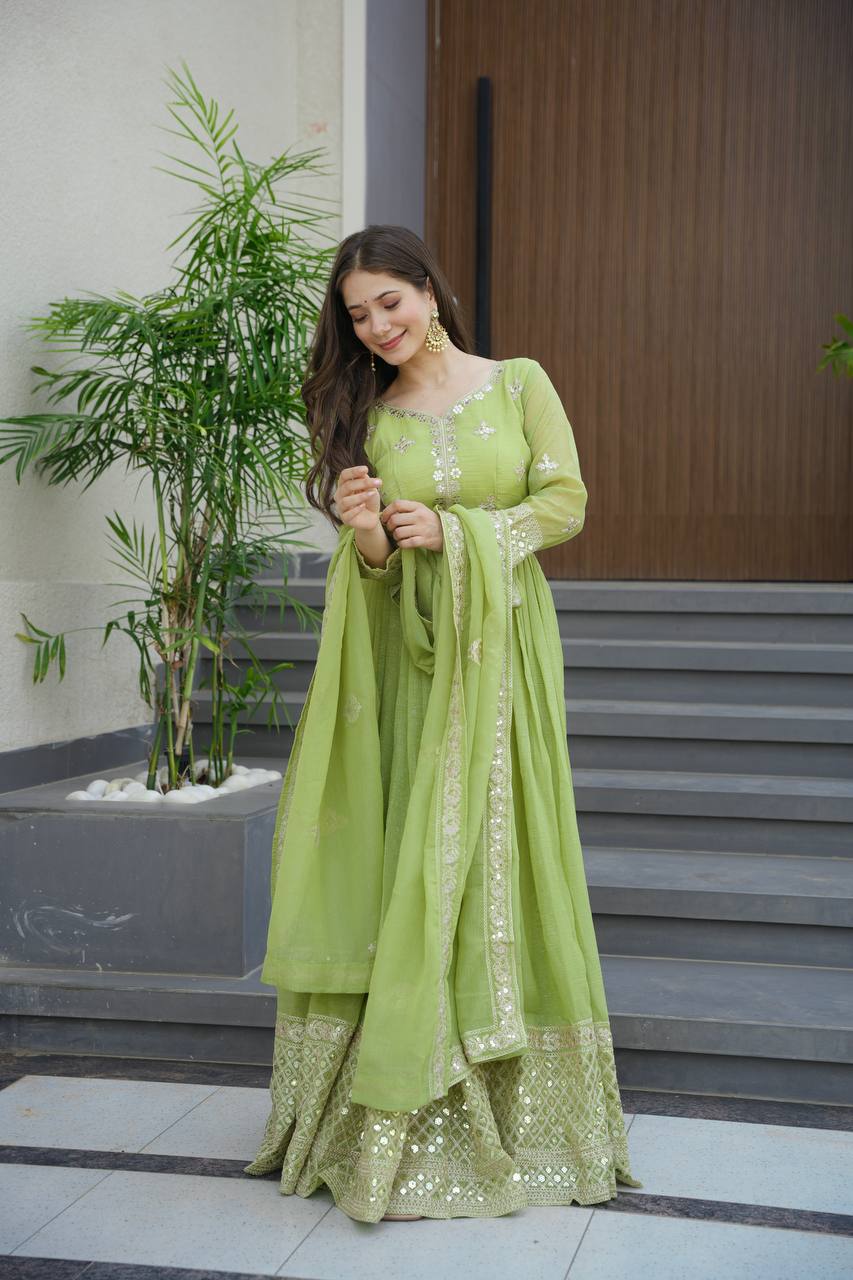 Lorenvalley Fashion Parrot Green Crunchy Silk with Embroidery Codding & Sequins Work Anarkali Gown with Dupatta | Swadesiicart