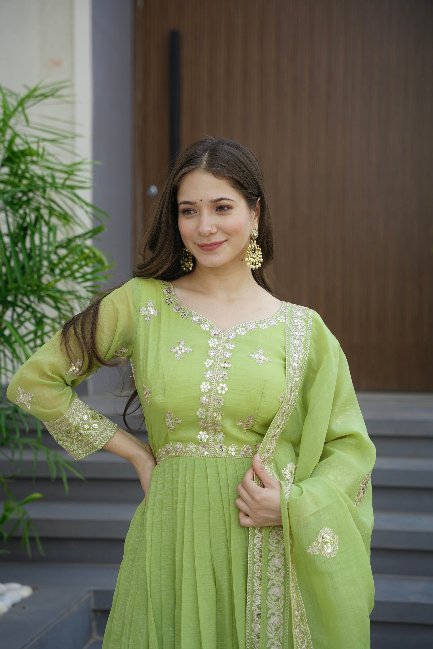 Lorenvalley Fashion Parrot Green Crunchy Silk with Embroidery Codding & Sequins Work Anarkali Gown with Dupatta | Swadesiicart