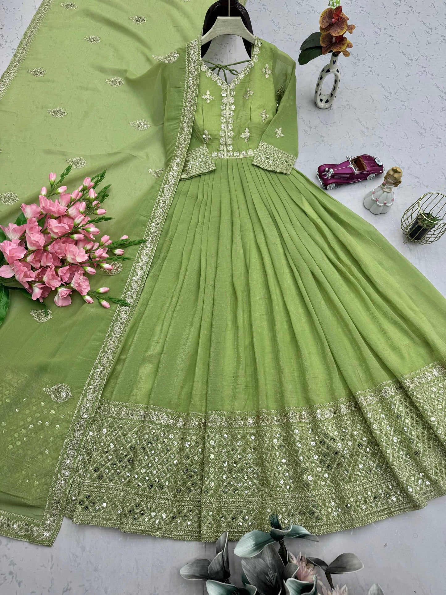 Lorenvalley Fashion Parrot Green Crunchy Silk with Embroidery Codding & Sequins Work Anarkali Gown with Dupatta | Swadesiicart